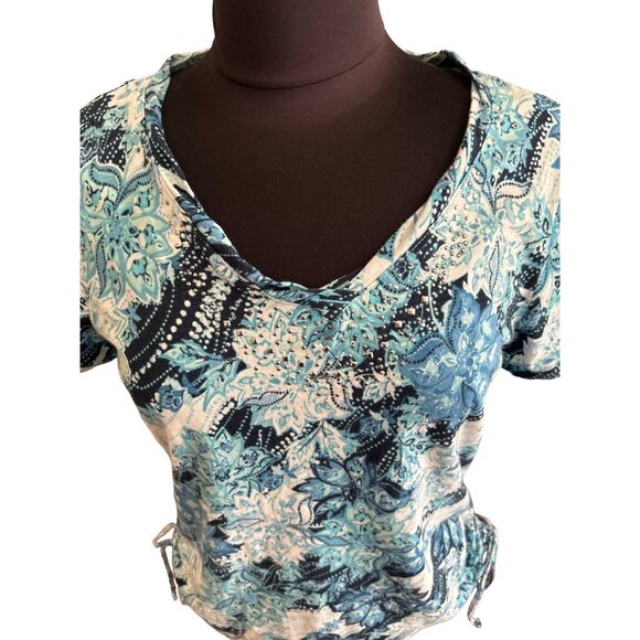 Gloria Vanderbilt  V-Neck Blue & White Floral Print Top Side Drawstrings Small - Picture 2 of 9